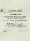 Designated Supplier Quality Representative Certificate issued by GEAE.
